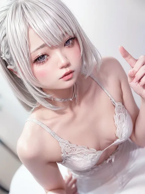 (((amount、white 、Asian woman、beautiful girl、、Silver Hair、white Background、)))、Tabletop, Highest quality, shape, Very detailed, finely, High resolution, 8k wallpaper, Perfect dynamic composition, finelyて美しい目, Deco Out, ((Medium Hair 1.5)),((( Small Breasts ...