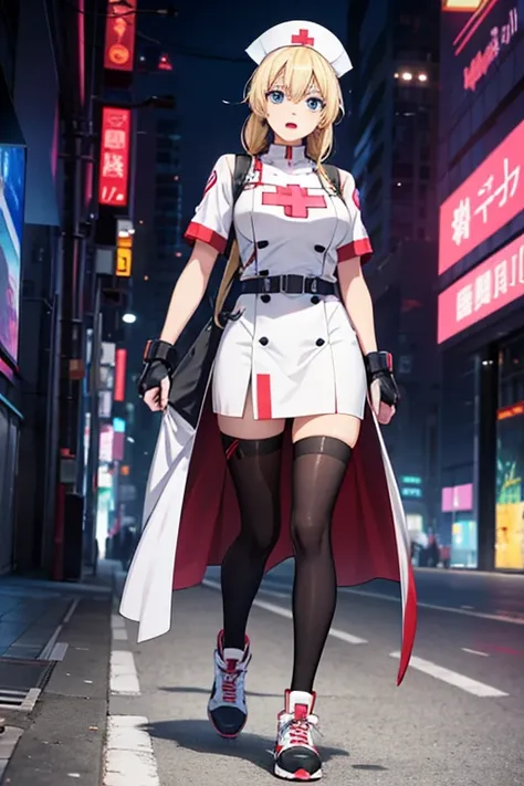 Anime Art、Full body portrait、Medic in a futuristic cyberpunk world、A woman around 38 years old, about 175cm tall, running, wearing a white shirt and a white tight skirt、Open mouth and screaming、Hairstyle is medium、Blonde、Blue Eyes、Black tights、Wearing brea...