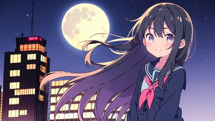 Shinjuku skyscraper district　full moon night　big moon　elementary school girl　8-year-old　flat chest　black hair　long hair　eyes are purple　（（1 person））　Cardigan on top of white long-sleeved sailor uniform　Lower body navy blue 