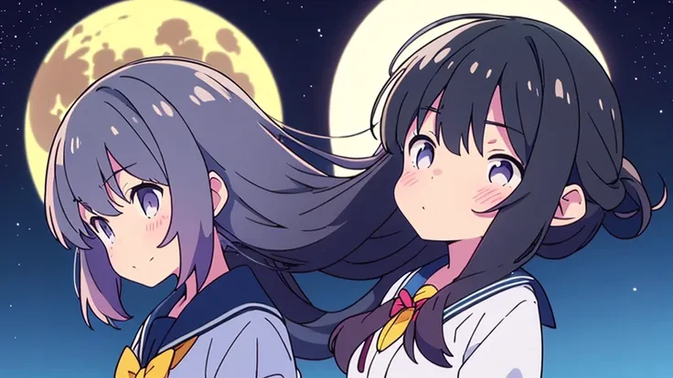 Shinjuku skyscraper district　full moon night　big moon　elementary school girl　8-year-old　flat chest　black hair　long hair　eyes are purple　（（1 person））　Cardigan on top of white long-sleeved sailor uniform　Lower body navy blue 