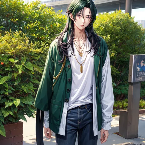 anime panel,upper body, 1Male,solo Korean, attractive man, dark green hair, long hair, gray slanted eyes, casual clothes, necklace, piercing, park background