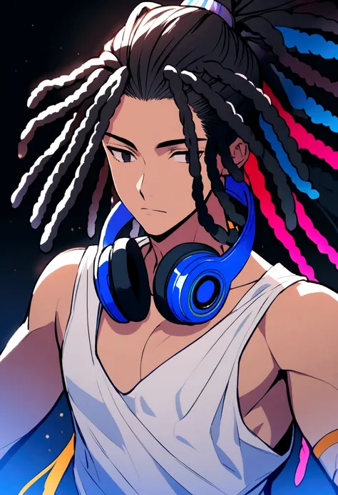 black haired boy, dreadlocks tied in a high ponytail, black eyes, white tank top with exposed chest, dark blue headphones around his neck.