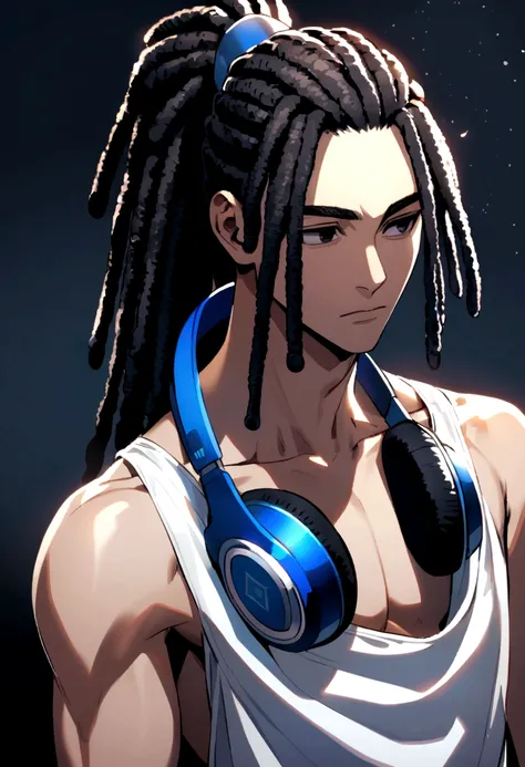 black haired boy, dreadlocks tied in a high ponytail, black eyes, white tank top with exposed chest, dark blue headphones around his neck.