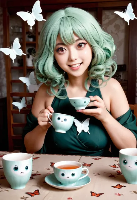 The beautiful Tatsumaki, With her huge eyes she looks amazed and with a big smile while she drinks tea from ceramic cups with ghostly cat shapes while the butterflies flutter around the table and the tablecloth..