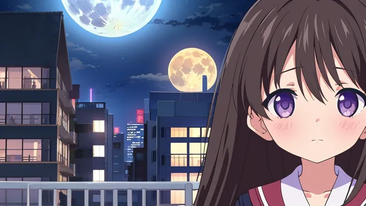 Shinjuku skyscraper district　full moon night　big moon　elementary school girl　8-year-old　flat chest　black hair　long hair　eyes are purple　（（1 person））　Cardigan on top of white long-sleeved sailor uniform　Lower body navy blue 