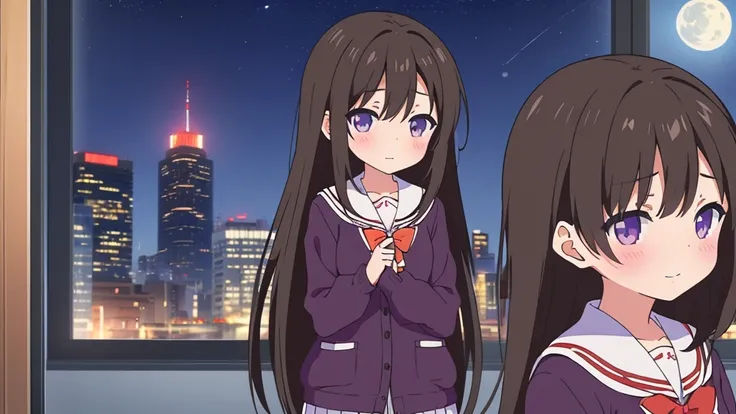 Shinjuku skyscraper district　full moon night　big moon　elementary school girl　8-year-old　flat chest　black hair　long hair　eyes are purple　（（1 person））　Cardigan on top of white long-sleeved sailor uniform　Lower body navy blue 