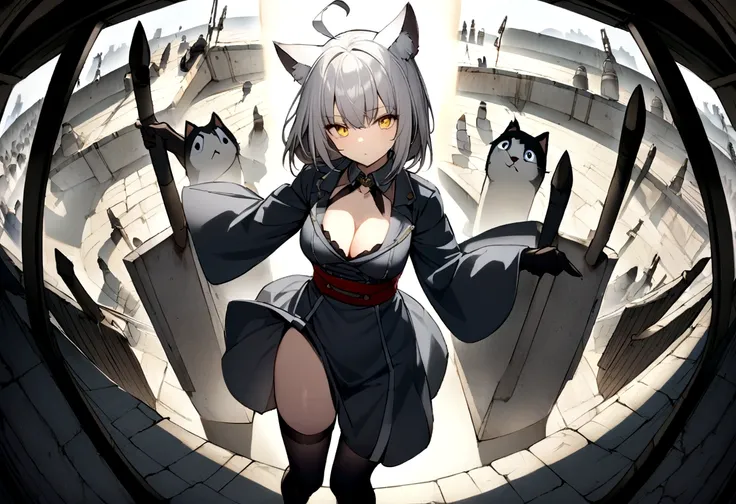 Dynamic Angles、Raising the German flag、Suspicious Gathering、Surrounded by enemieasterpiece, best quality:1.2), 1girl, 独奏、Gray cat ears、Grey long hair、Ahoge、Yellow Eyes、Gray cat ears、Background of military bases、Fisheye Lens、battlefield、Shadows of light and...