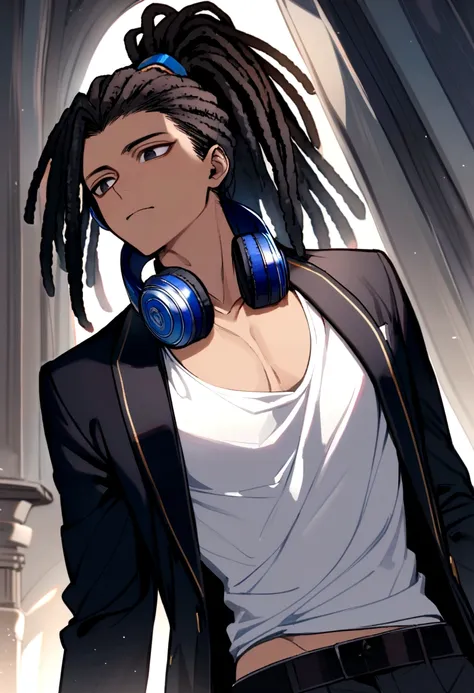 black haired boy, dreadlocks tied in a high ponytail, black eyes, white tank top with exposed chest, dark blue headphones around his neck.