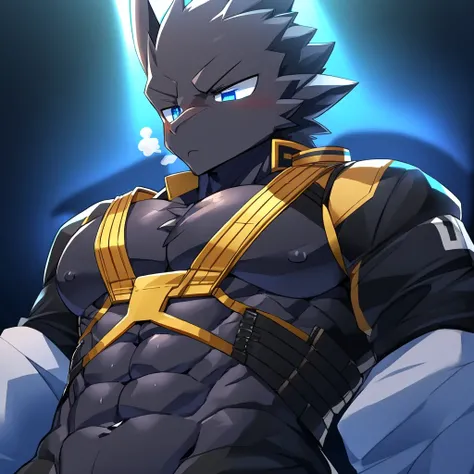 Thin macho　western black dragon　　abs　　　　　Hollow abs　　body suit　　thick arms　　　chest rig　　　、sweaty　　　skin glow　　profile　　Wearily　short of breath　　  　Chemo shota　　
have a 　blue eyes　Tired look jacket