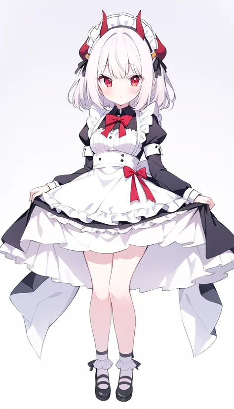 Teenage girl, devil girl, little red horns, white hair, short fluffy hair, big red eyes, pale skin, rosy cheeks, medium breasts, red cheeks, maid outfit. white background, full body