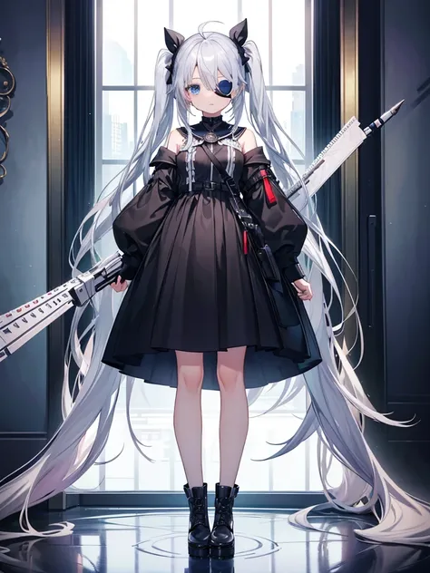 1girl、(((Highest quality、Masterpiece、Official Art、Standing in front of the viewer、)))、Black clothes, blue eyes, Silver Hair, Half Up, Ahoge, Black eyepatch、whole body、vtuber-fullbody,