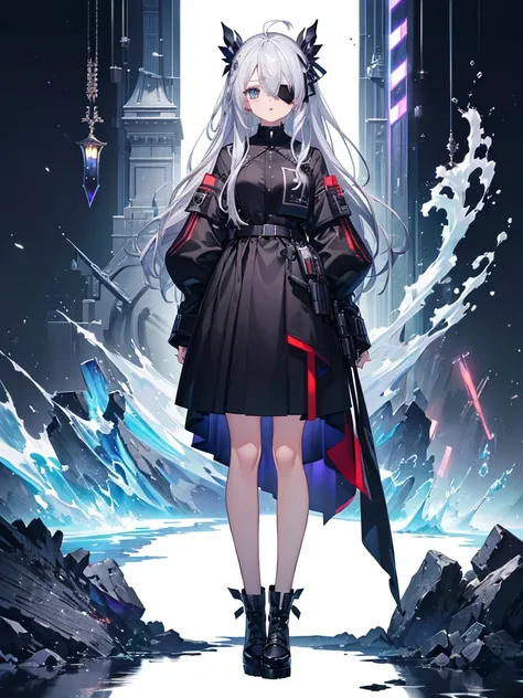 1girl、(((Highest quality、Masterpiece、Official Art、Standing in front of the viewer、)))、Black clothes, blue eyes, Silver Hair, Half Up, Ahoge, Black eyepatch、whole body、vtuber-fullbody,