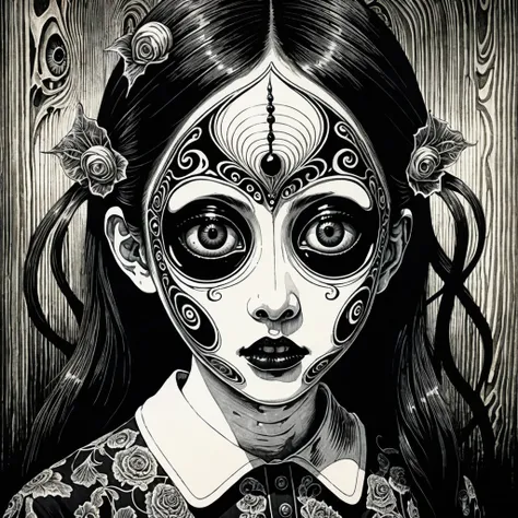 A girl with contorted face,grotesque mask,haunting,detailed,Junji Ito style,creepy,unsettling,horror,macabre,empty eyes,disturbing,unique