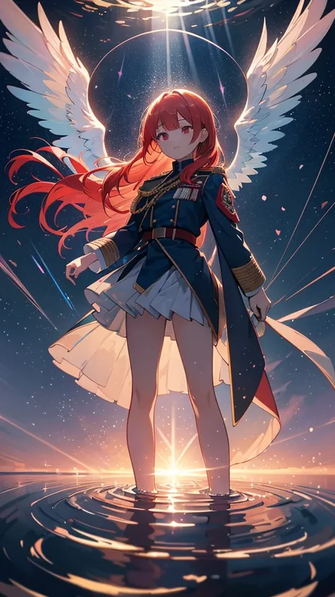 a beautiful young girl with blue angelic wings spread out like stained glass, light red hair,piercing red eyes, translucent hair color, military-style uniform, standing on water with ripples spreading out, shimmering light particles, rays of light, soft bo...