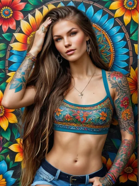 (Rebellious Ukrainian girl)，Brightly colored tattoos on arms and legible raised finger:1.3)，provocative gestures，long flowing hair，The happy expression is bold and bright should be surrounded by intricate，Detailed flowers and mandalas，anatomically correcte...