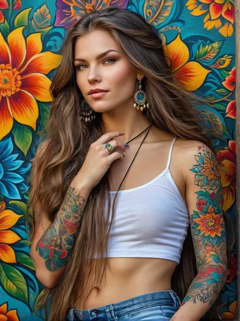 (Rebellious Ukrainian girl)，Brightly colored tattoos on arms and legible raised finger:1.3)，provocative gestures，long flowing hair，The happy expression is bold and bright should be surrounded by intricate，Detailed flowers and mandalas，anatomically correcte...