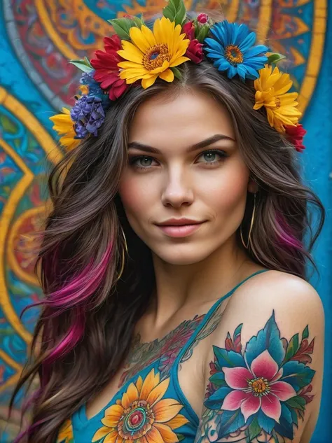 (Rebellious Ukrainian girl)，Brightly colored tattoos on arms and legible raised finger:1.3)，provocative gestures，long flowing hair，The happy expression is bold and bright should be surrounded by intricate，Detailed flowers and mandalas，anatomically correcte...