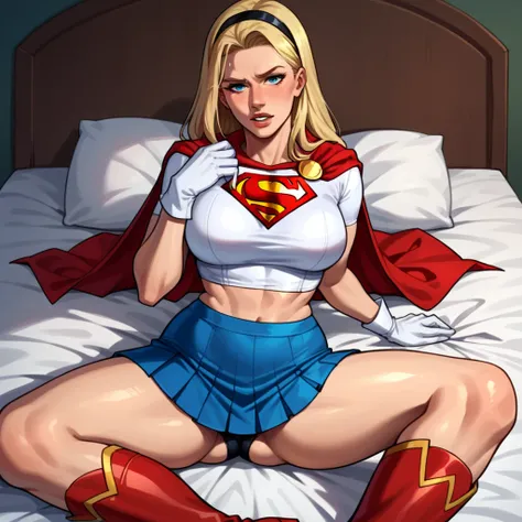 score_9, score_8_up, score_7_up, source_cartoon, BREAK 1girl, solo, Supergirl (DC Animated Universe), (long blonde hair:1.2), (black hairband:1.2), (white crop top, short sleeves:1.2), (short red cape:1.2), (short stretchy skirt, tight, blue:1.3), (white g...