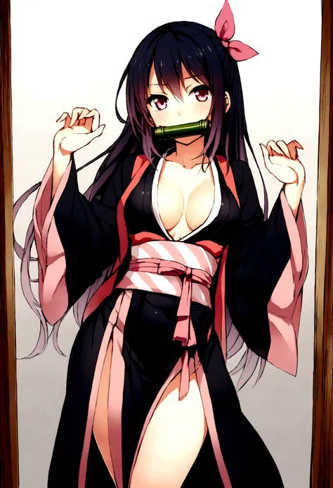 masterpiece, Highest quality, High resolution, Venus 1, One girl, alone, Tsuko Kamato, bamboo, ((gag)), hair (brown), Plaid belt, gag, gag, Gradient hair, hair ribbon, Haori, Japanese Clothing, ((Black kimono:1.2)), Very short kimono, big , Long hair, Look...