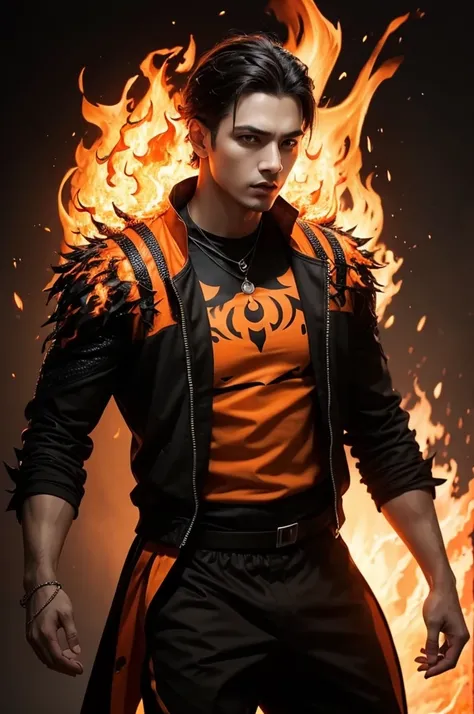 1 king with orange and black clothes with fire, the image is well lit and realistic 