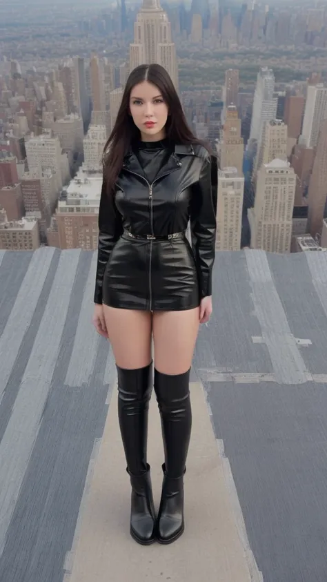 (girl standing on the roof top of the empire state building in new york), 
(((Full body shot))), (standing  position) beautiful face, photo model, wearing black leather clothing