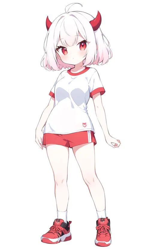 Teenage girl, devil girl, little red horns, white hair, short fluffy hair, big red eyes, pale skin, rosy cheeks, medium breasts, red cheeks, white sports shirt with a diaganal red side stripe from left to right. white background, full body