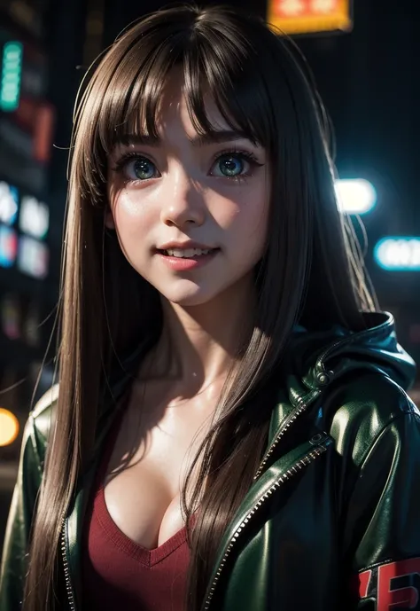 masterpiece, best quality, half body, portrait, night city, 1girl, anime, 3D, Japan, pixar, realistic, teen girl, smiling, cute face, harajuku fashion style, rain coat, beautiful, colourful, neon lights, cyberpunk, smooth skin, illustration, artstation, pa...