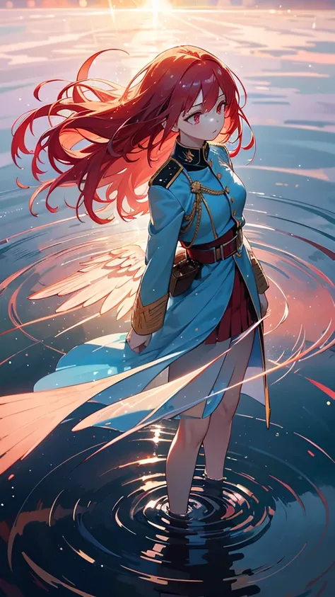 a beautiful young girl with blue angelic wings spread out like stained glass, light red hair,piercing red eyes, translucent hair color, military-style uniform, standing on water with ripples spreading out, shimmering light particles, rays of light, soft bo...