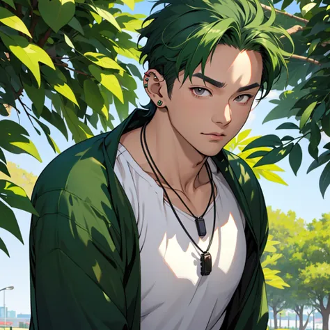 anime panel,upper body, 1Male,solo Korean, dark green hair, gray slanted eyes, casual clothes, necklace, piercing, park background, face focus