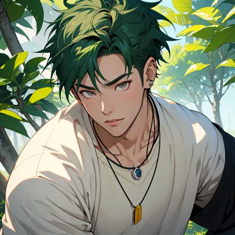 anime panel,upper body, 1Male,solo Korean, dark green hair, gray slanted eyes, casual clothes, necklace, piercing, park background, face focus