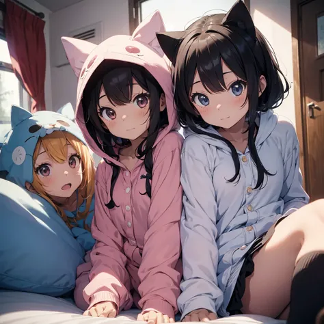 2 anime girls in a cat pajama with hoods and 1 anime girl in a dog pajama with hood in a cute pose in bed, looking up directly at the camera