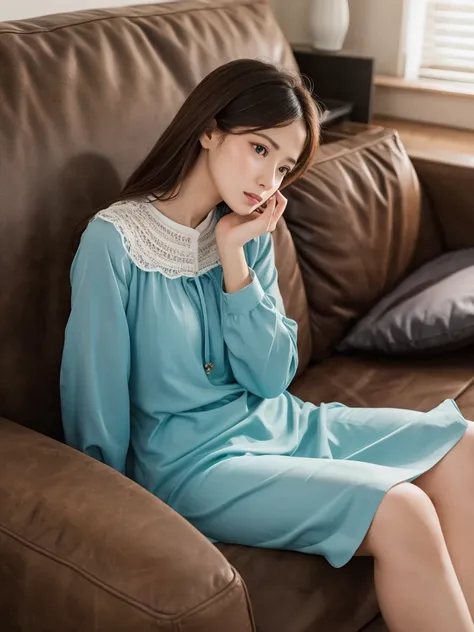 A woman is sitting on a couch, looks worried. modest clothing