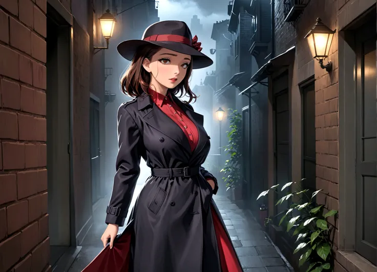 Godzilla (Black trench coat, black felt hat) is a detective in a 1940s mystery film. He is walking down a dark alleyway on a dreary night. The femme fatale in a red dress and wide rim hat trails behind
