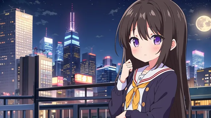 Shinjuku skyscraper district　full moon night　big moon　elementary school girl　8-year-old　flat chest　black hair　long hair　eyes are purple　（（1 person））　Cardigan on top of white long-sleeved sailor uniform　Lower body navy blue  full body show panties