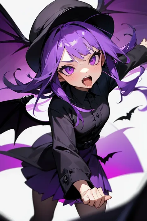 Girl in black cap,with purple eyes, with purple hair,with bat wings,with your mouth wide open