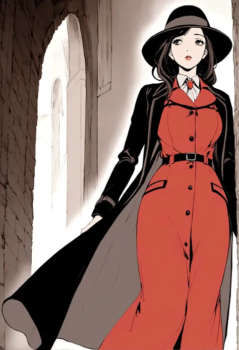 Godzilla (Black trench coat, black felt hat) is a detective in a 1940s mystery film. He is walking down a dark alleyway on a dreary night. The femme fatale in a red dress and wide rim hat trails behind
