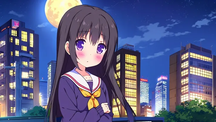 Shinjuku skyscraper district　full moon night　big moon　elementary school girl　8-year-old　flat chest　black hair　long hair　eyes are purple　（（1 person））　Cardigan on top of white long-sleeved sailor uniform　Lower body navy blue  full body show panties