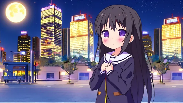 Shinjuku skyscraper district　full moon night　big moon　elementary school girl　8-year-old　flat chest　black hair　long hair　eyes are purple　（（1 person））　Cardigan on top of white long-sleeved sailor uniform　Lower body navy blue  full body show panties