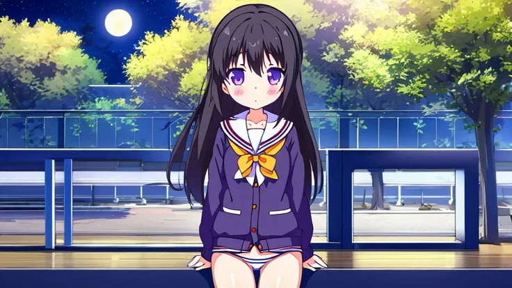 Shinjuku skyscraper district　full moon night　big moon　elementary school girl　8-year-old　flat chest　black hair　long hair　eyes are purple　（（1 person））　Cardigan on top of white long-sleeved sailor uniform　Lower body navy blue  full body show panties