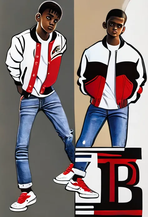 A African American teenager letter jacket (red and black B) on front and back of it. White Tee shirt ,a pair of jeans, white Nike Air Force One shoes 