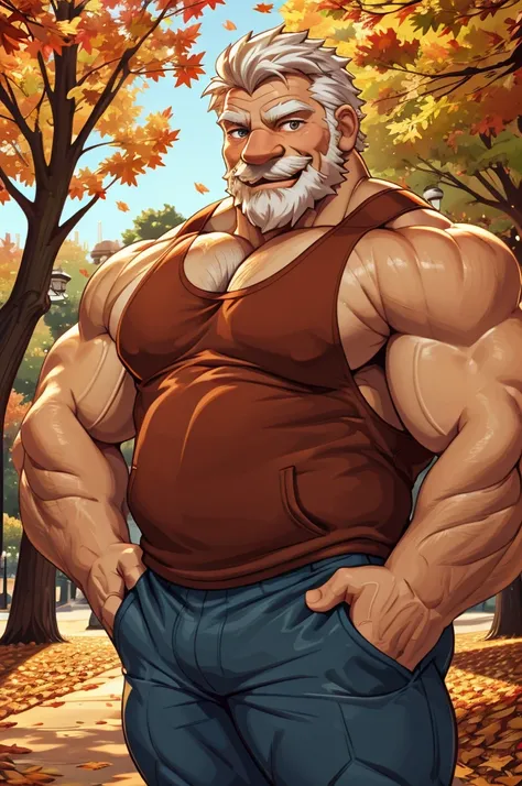 a muscular old man in park, tank top, happy, autumn, suits, vector, mwvector, bokeh, smile, (masterpiece), (best quality), 8k. huge and  muscular, thick arms, short hair, white hair, hand on pocket