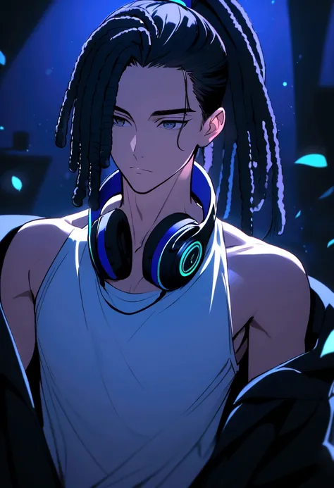 black haired boy, dreadlocks tied in a high ponytail, black eyes, white tank top with exposed chest, dark blue headphones around his neck.