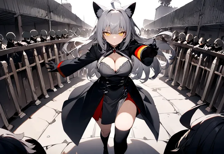 Dynamic Angles、Raising the German flag、Suspicious Gathering、Surrounded by enemies、(masterpiece, best quality:1.2), 1girl, 独奏、Gray cat ears、Grey long hair、Ahoge、Yellow Eyes、Gray cat ears、Background of military bases、Fisheye Lens、battlefield、Shadows of light...