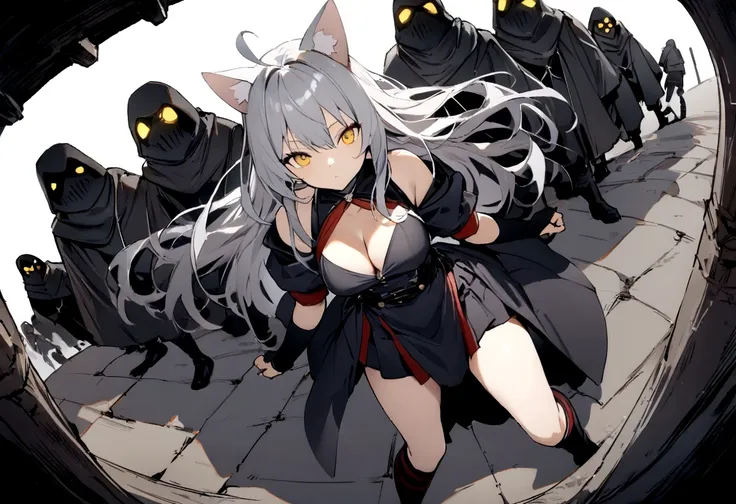 Dynamic Angles、Raising the German flag、Suspicious Gathering、Surrounded by enemies、(masterpiece, best quality:1.2), 1girl, 独奏、Gray cat ears、Grey long hair、Ahoge、Yellow Eyes、Gray cat ears、Background of military bases、Fisheye Lens、battlefield、Shadows of light...