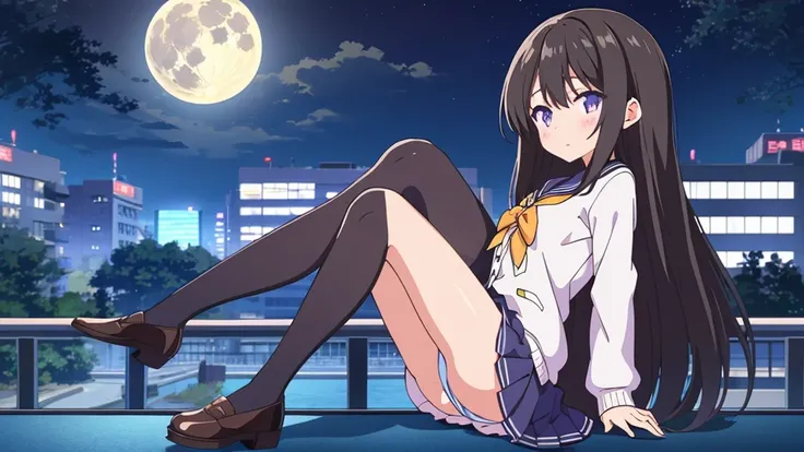 Shinjuku skyscraper district　full moon night　big moon　elementary school girl　8-year-old　flat chest　black hair　long hair　eyes are purple　（（1 person））　Cardigan on top of white long-sleeved sailor uniform　Lower body navy blue  full body show panties