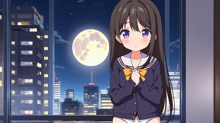 Shinjuku skyscraper district　full moon night　big moon　elementary school girl　8-year-old　flat chest　black hair　long hair　eyes are purple　（（1 person））　Cardigan on top of white long-sleeved sailor uniform　Lower body navy blue  full body show panties