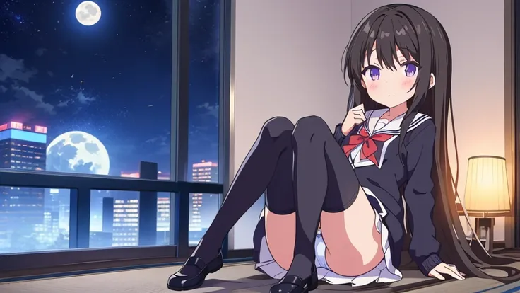 Shinjuku skyscraper district　full moon night　big moon　elementary school girl　8-year-old　flat chest　black hair　long hair　eyes are purple　（（1 person））　Cardigan on top of white long-sleeved sailor uniform　Lower body navy blue  full body show panties