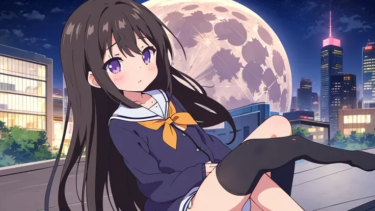 Shinjuku skyscraper district　full moon night　big moon　elementary school girl　8-year-old　flat chest　black hair　long hair　eyes are purple　（（1 person））　Cardigan on top of white long-sleeved sailor uniform　Lower body navy blue  full body show panties