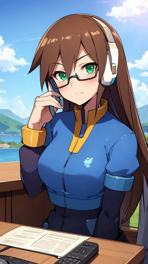 Aile_Megamanzx, 1 Girl, looking at viewer, Brown hair, Green eyes, Sky background , Blushed , Leaning on a table , Glasses , gaming clothes, gaming headphones