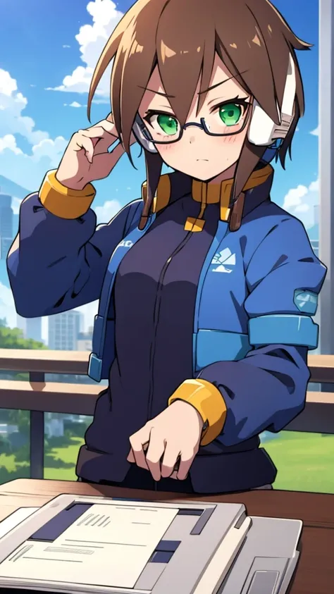 Aile_Megamanzx, 1 Girl, looking at viewer, Brown hair, Green eyes, Sky background , Blushed , Leaning on a table , Glasses , gaming clothes, gaming headphones